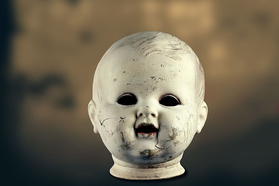 baby face doll, doll, head, old, antique, broken, jumped, morbid, dead eyes, dirty