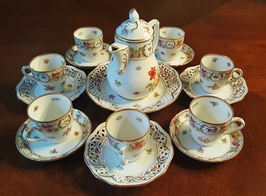 white-and-pink, floral, tea, set, brown, wooden, surface, tea set, china, fine china