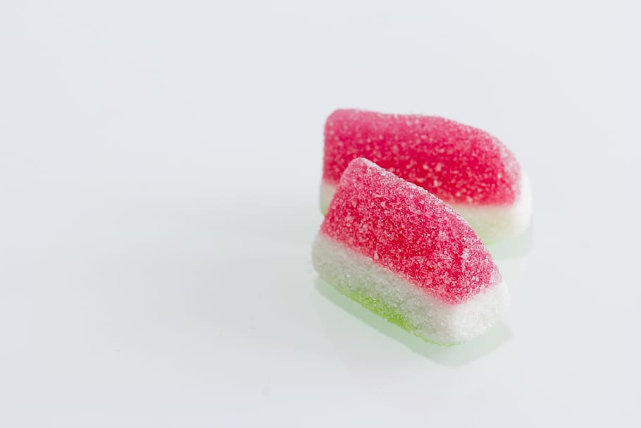 two, watermelon candies, topped, sugar, gummy watermelon, candy, sweet, red, sweets, jellies