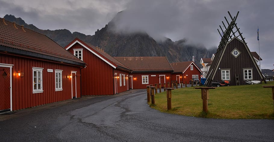 vermelho, casas undr, cinza, céu, Crepúsculo, Lofoten, Svolvær, Noruega, svolvaer, ilhas