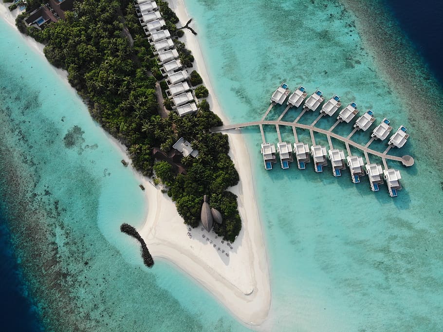 drone, maldives, resort, holiday, honeymoon, travel, luxury travel, water, high angle view, nature