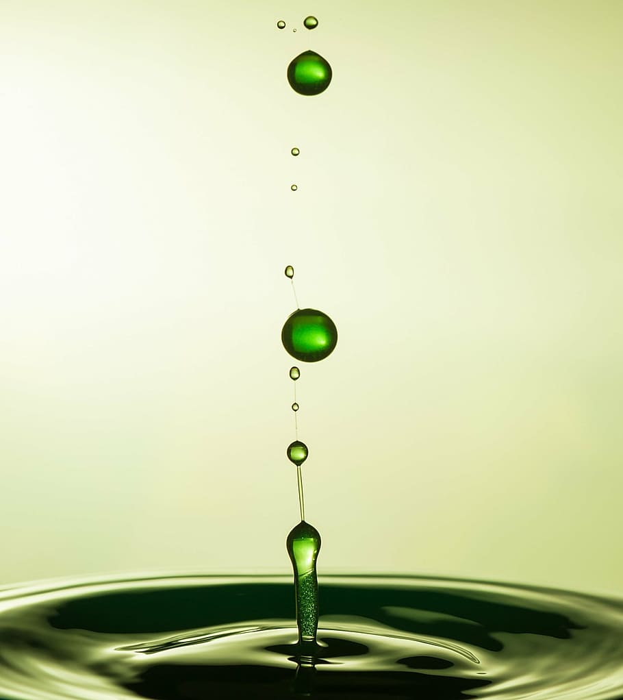 dew drops, drop, crown, water, macro impact, experiment, green, abstract art, collision, level