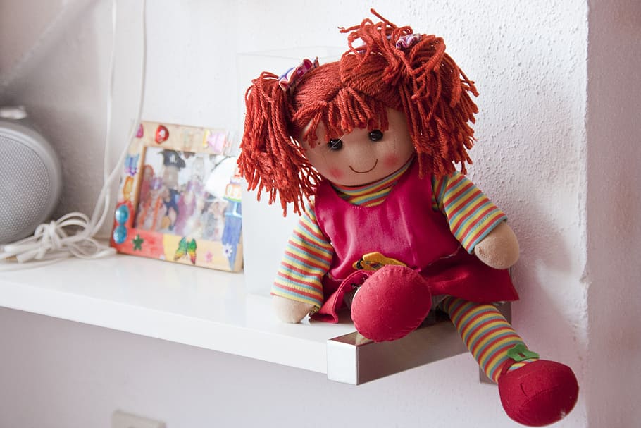 girl, red, dress doll, shelf, pop, rag doll, toys, childhood, child, one person