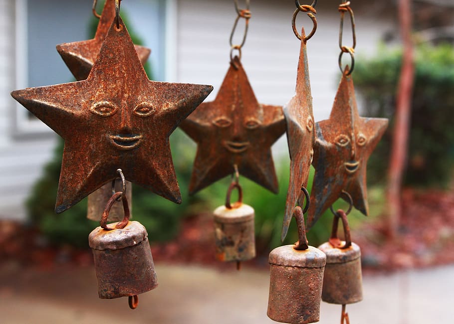 wind chimes, star, iron, metal, bells, face, sculpture, yard art, garden, hanging