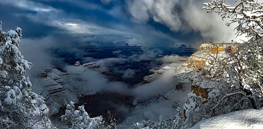 view, mountain, covered, clouds, grand canyon, arizona, tourism, snow, winter, trees