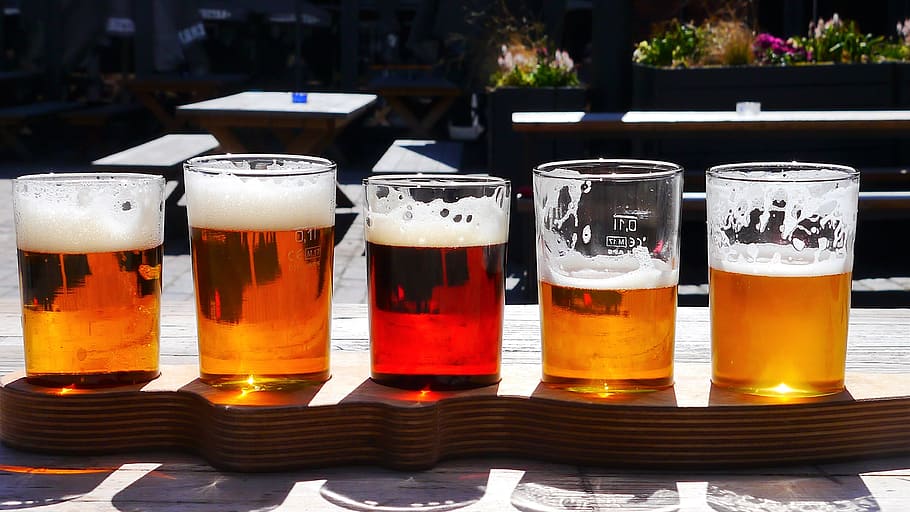 five, clear, beer glasses, table, Beer, Varieties, Types, different types of, alcohol, hops