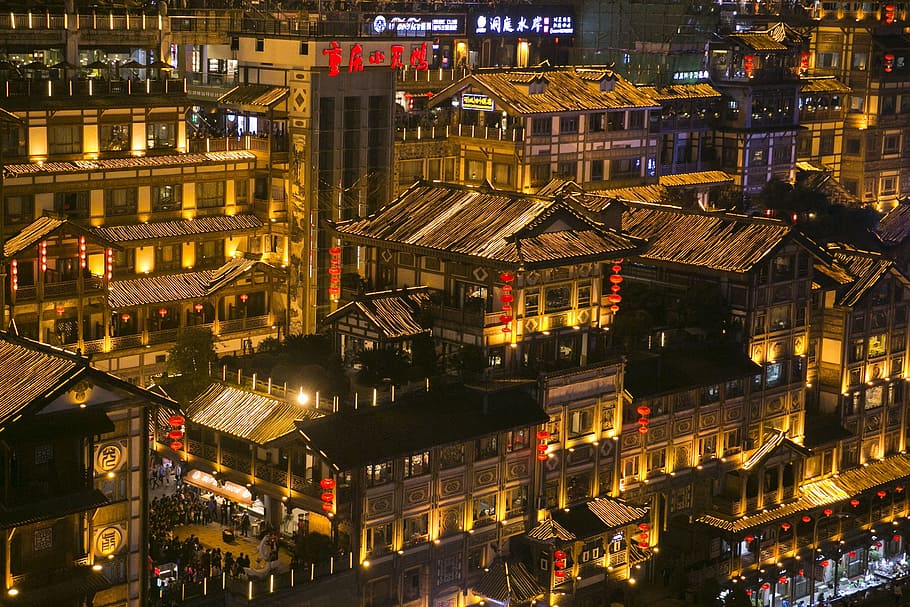 aéreo, fotografía, edificios de gran altura, Chongqing, Hongya, Cueva, Vista nocturna, Ciudad, cueva de Hongya, noche