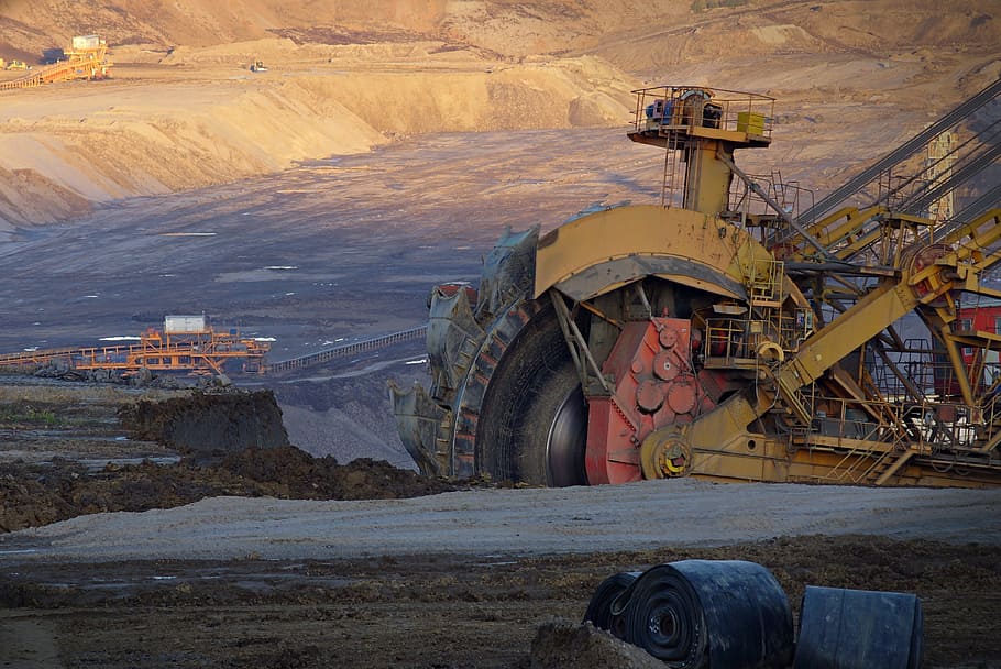 yellow, red, black, heavy, duty equipment, excavator, wheel, extraction, coal, strip-mine