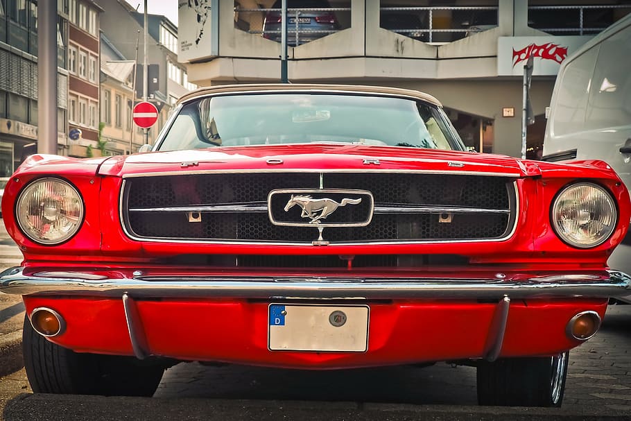 red, ford mustang fastback, parked, gray, road, auto, ford, oldtimer, automotive, vehicle