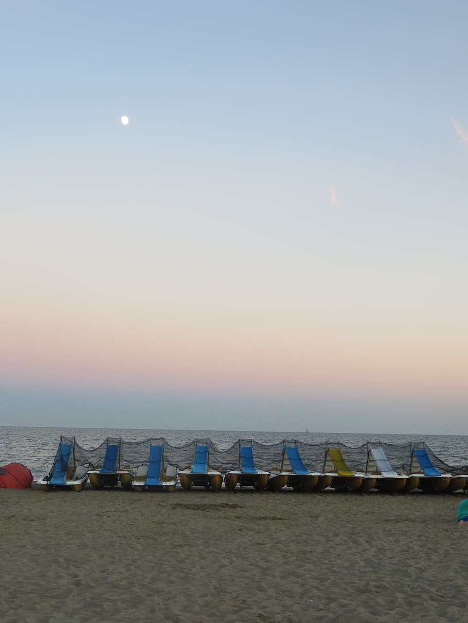 beach, sky, sunrise, pedal boats, water, sea, moon, nature, scenics - nature, tranquility
