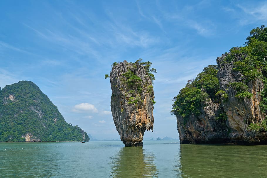 brown, stone rock, middle, body, water, phang nga bay, phuket province, james bond island, thailand, island