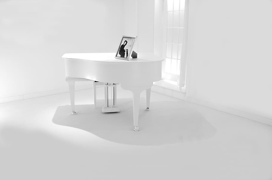 piano de cauda branco, piano, branco, clássico, laca, nota, melodia, isolado, acorde, chave