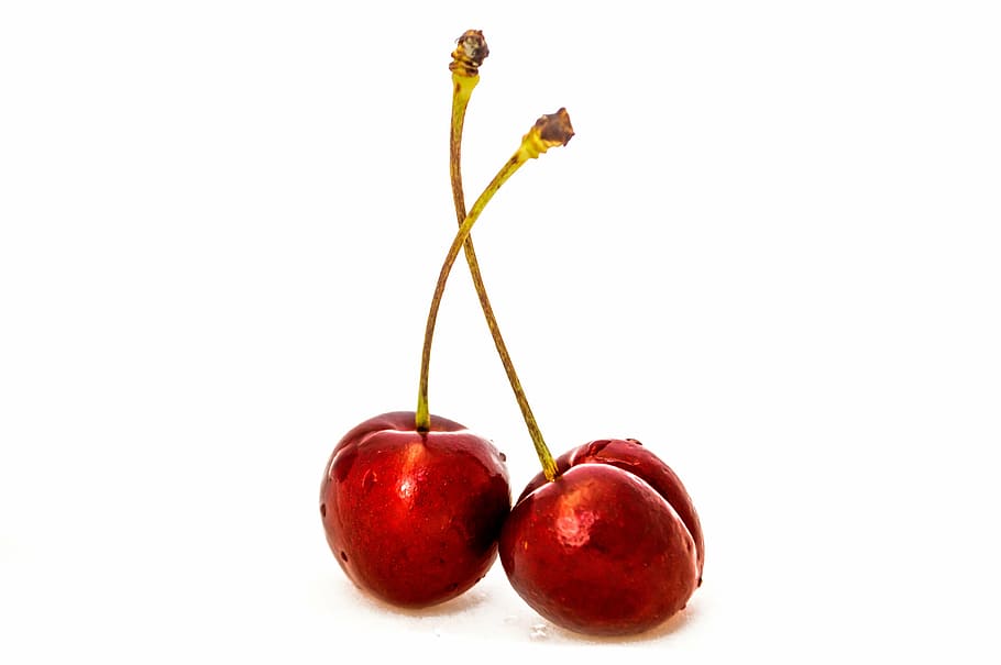 two red cherries, two, red, cherries, food, fruits, graphic, stem, stalk, white