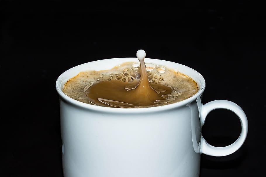 blanco, taza, café, taza de café, vaso, cafetería, espuma, espuma de café, gotas de leche, rociar