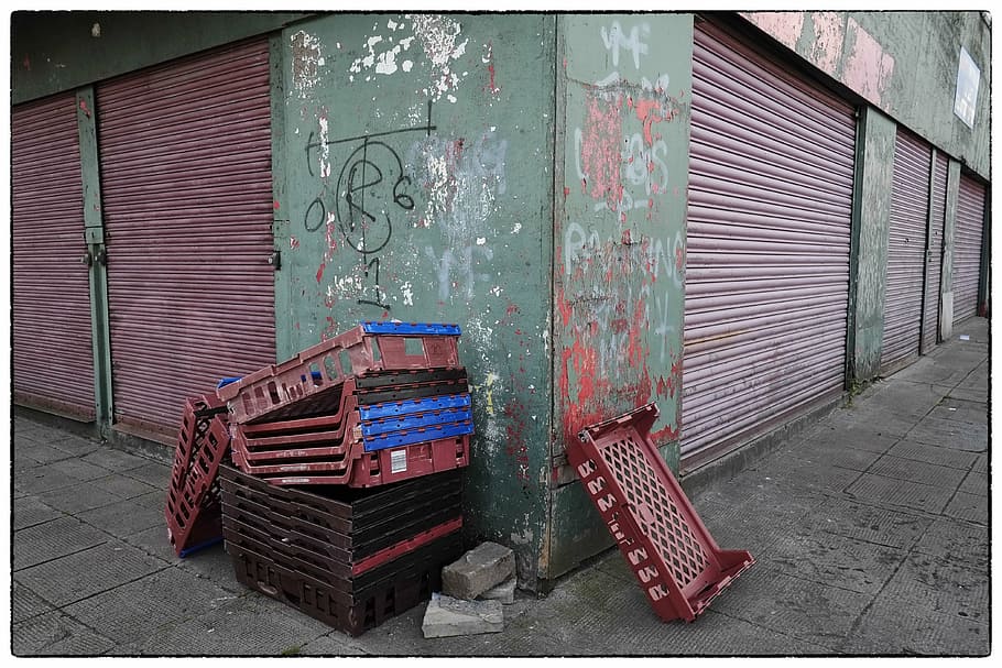 red, blue, brown, plastic trays, rubbish, urban, street, trash, environment, waste