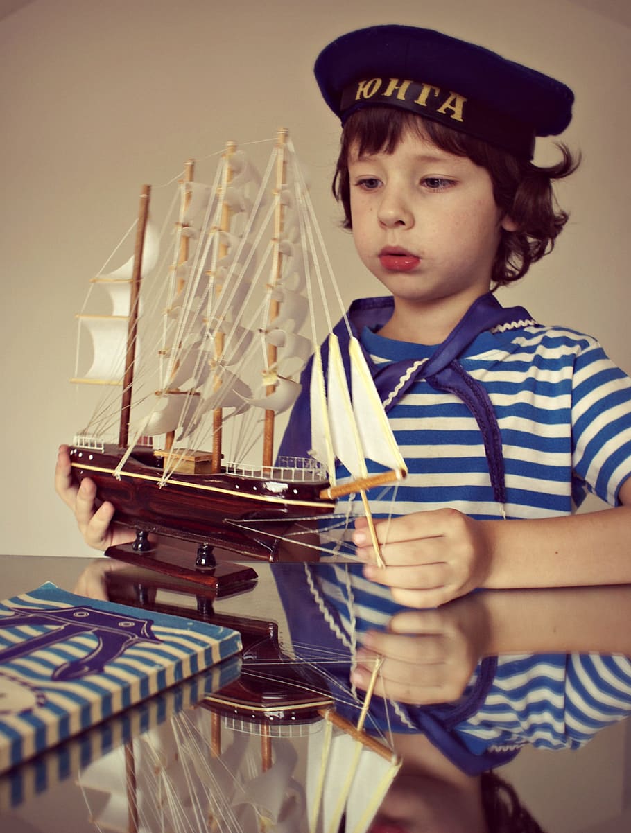 chico, barco, marinero, niños, mar, vista, infancia, bien, sueño, sueño de la infancia