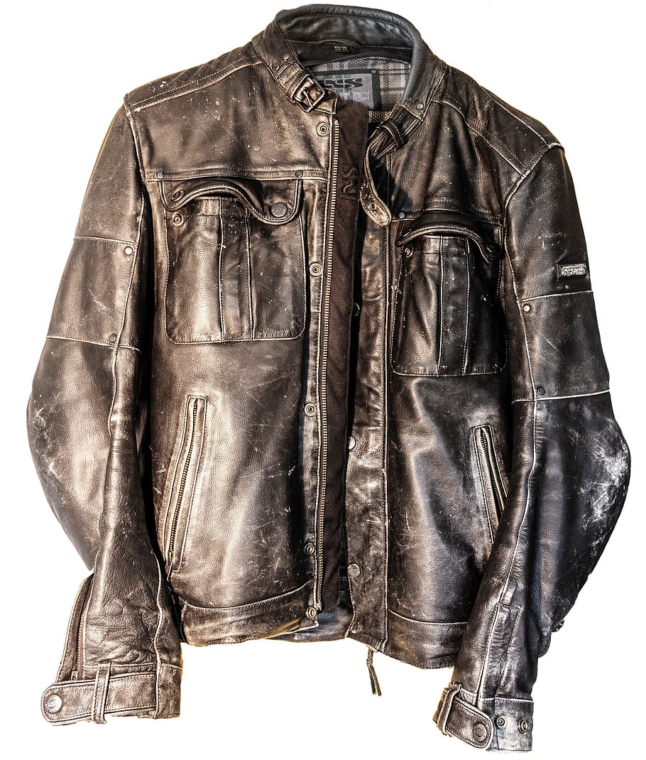 leather, leather jacket, biker jacket, biker, leather outfit, motorcycle jacket, used, old, studio shot, white background