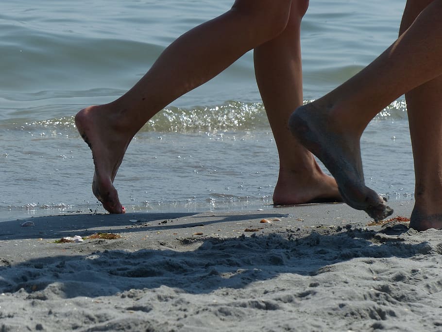 feet, path, sand, beach, set, walk, direction, couple, human leg, low section