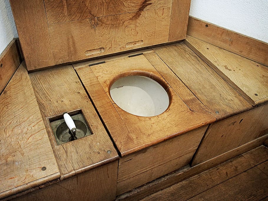 brown, wooden, box, round hole, water, closet, toilet, wc, lavatory, convenience