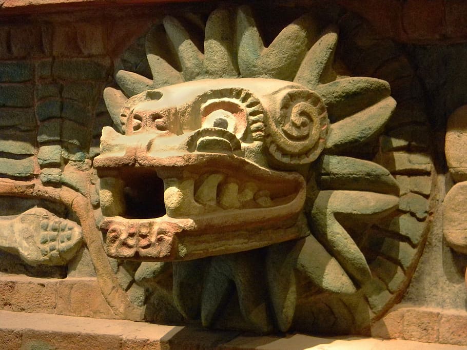 Foto, gris, marrón, estatua de la cabeza del dragón, Quetzalcóatl, Dios, azteca, México, antiguo, historia