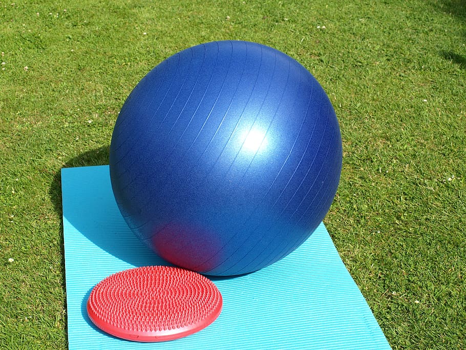 blue, stability ball, yoga mat, exercise ball, balance cushion, gymnastics, ball, sport, fitness, grass