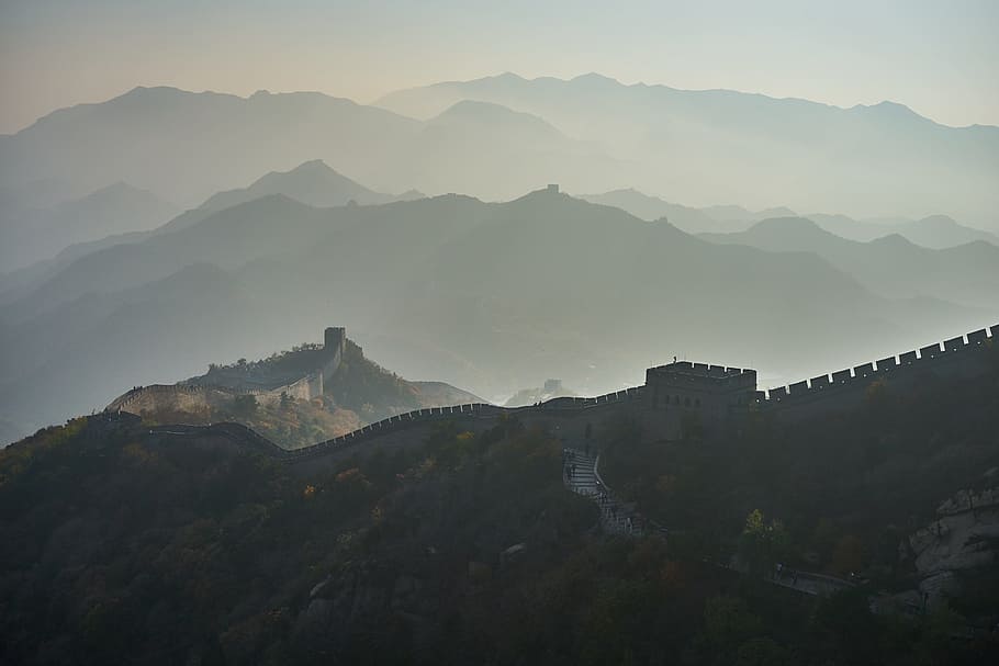 mountain, sunset, landscape, panoramic, china, great wall, wall, border, fall, autumn