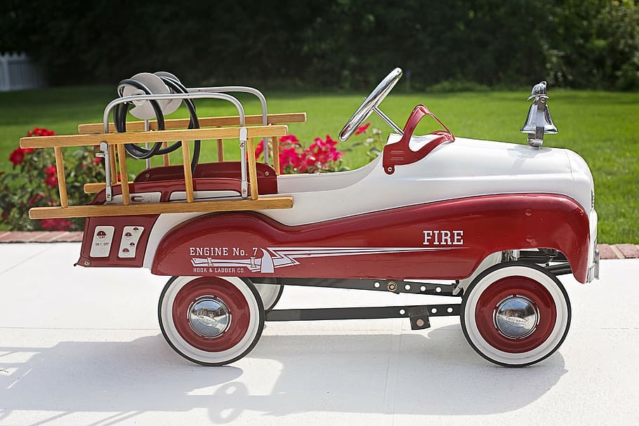 red, white, fire vehicle, fire truck, child's fire engine, fire-engine, toy, vintage, car, wheel