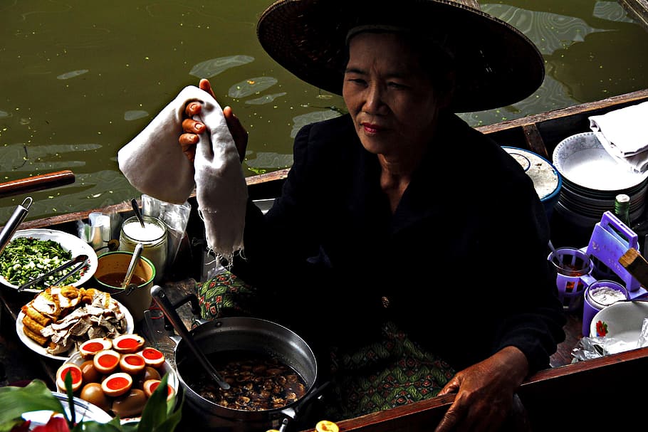 Mujeres, Trabajadoras, Tailandia, Asia, trabajando, mercado, trabajo, comida, cocinero, vendedora