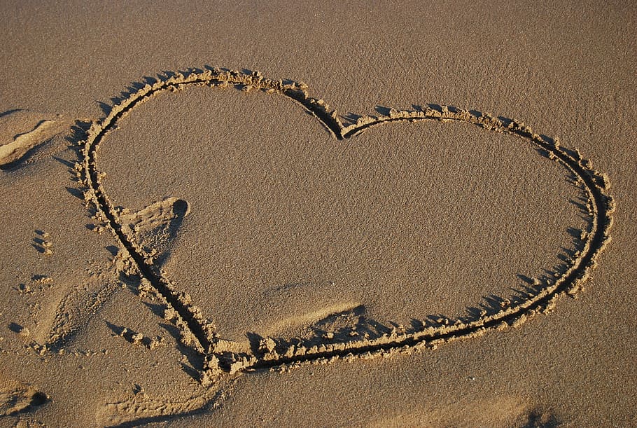 white, sand, draw, heart, love, beach, recall, painting, day, close-up