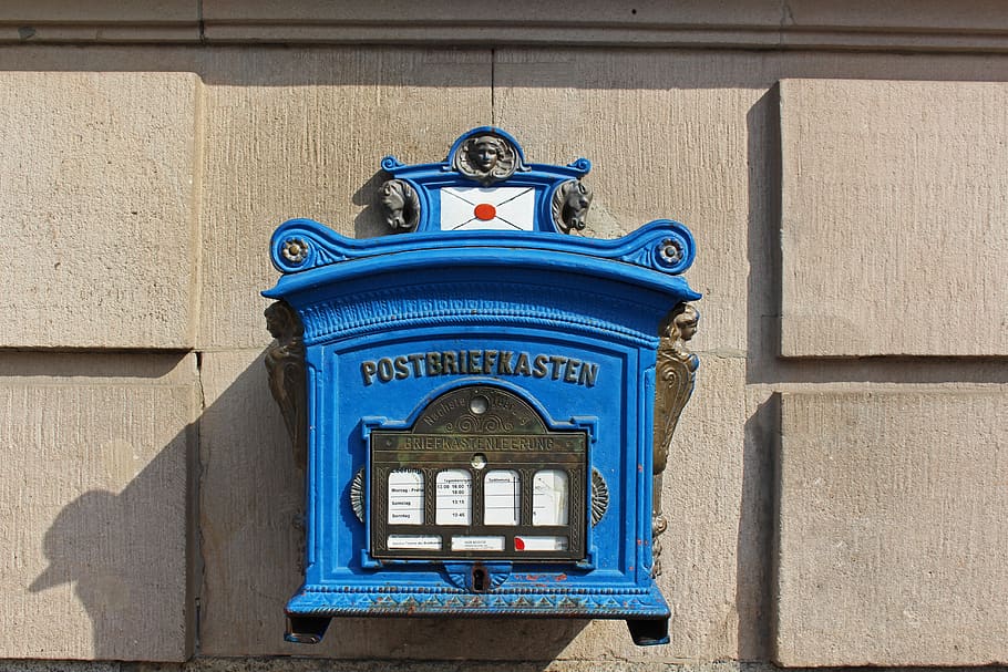 caixa de correio, nostálgico, velho, postar caixa de correio, historicamente, correio, azul, enviar, cartas, carteiro