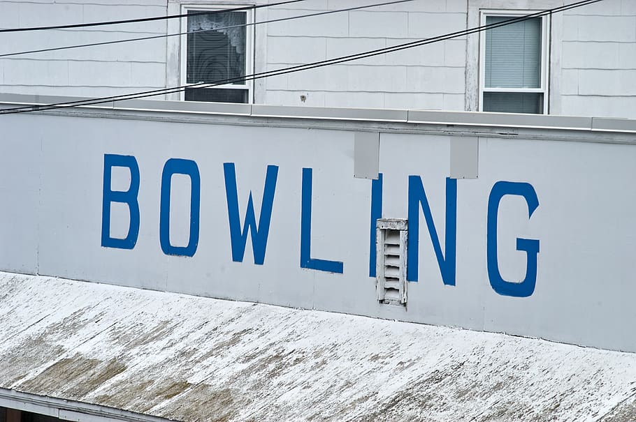 bowling, sign, old, beach, distressed, outdoor, vintage, aged, roof, weathered