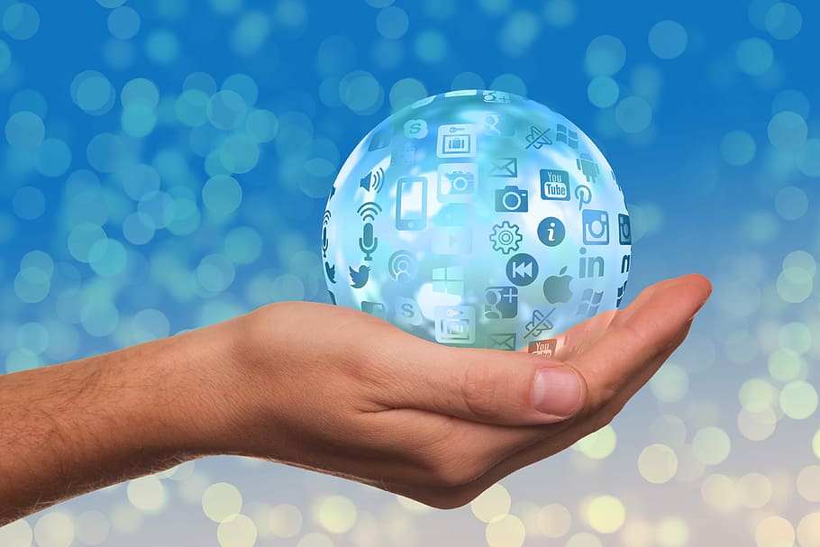 person, holding, clear, glass ball, Social Media, Icon, Hand, Keep, Present, presentation