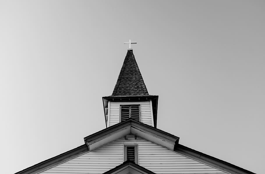 low-angled photography, building, cross, top, architecture, infrastructure, church, black and white, built structure, building exterior