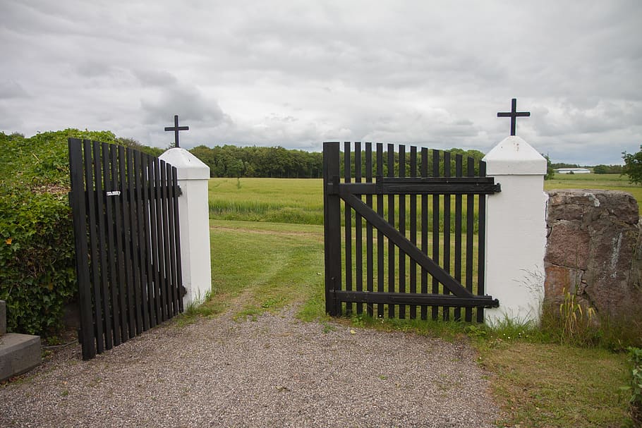Fence, Grind, Cross, Church, Religion, cross, church, gravel path, grass, gateposts, stone