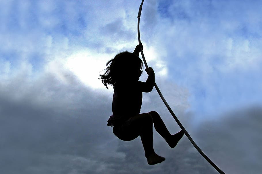 silhouette, child, holding, rope, climbing, mowgli, trampoline, cloudy, sky, one person
