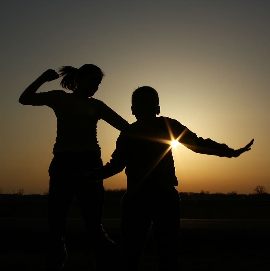 children, silhouettes, sunset, shadow, joy, fun, young, together, sun, happy