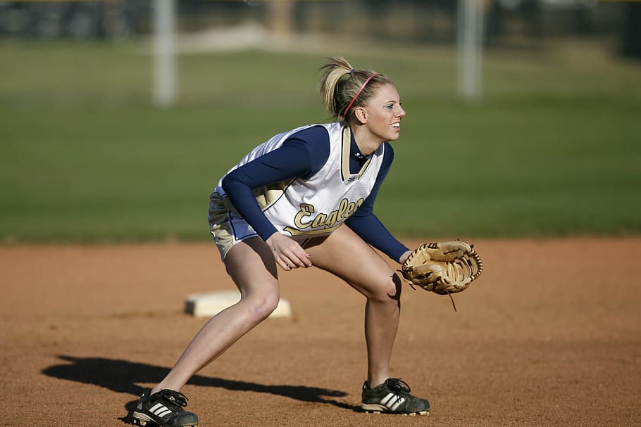 selective, focus photography, woman, wearing, baseball jersey, baseball mitt, softball, player, girl, action