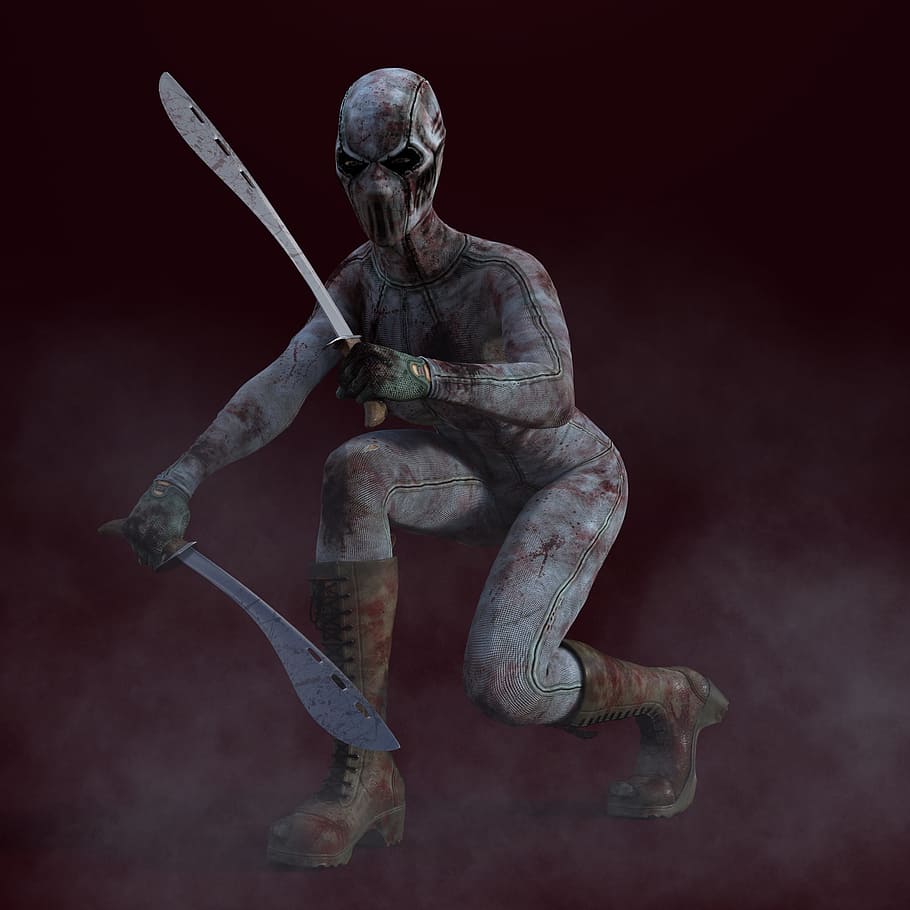 man, holding, sword, animated, character, monster, knife, blood, creepy, scary