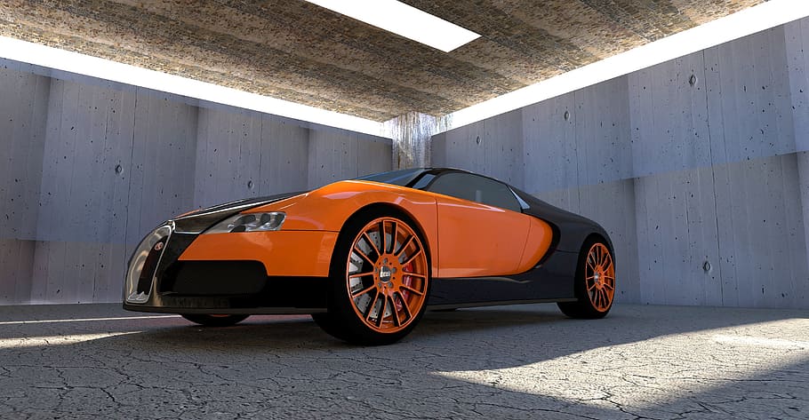 orange, black, bugatti chiron, bugatti, veyron, automobile, auto, bolide, prototype, rendering