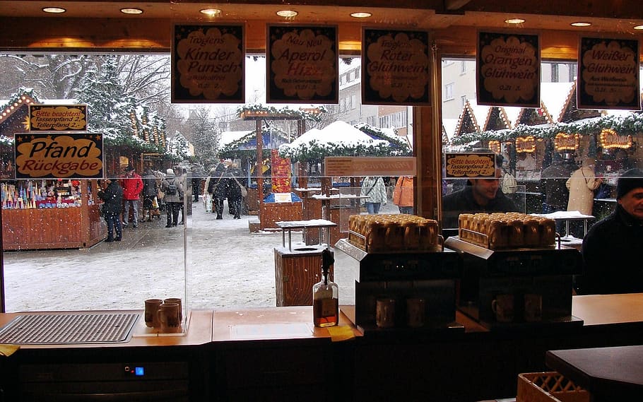 christmas market, ulm, mulled wine stand, business, table, text, food and drink, retail, large group of objects, arrangement