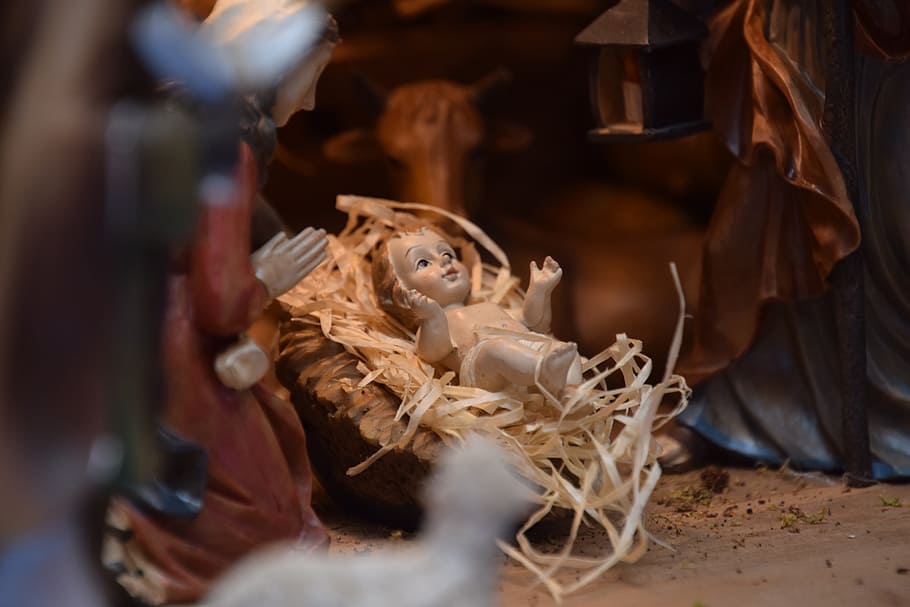 the nativity figurine, jesus child, crib, christmas, kids, jesus, nativity, handicraft, folk art, hut