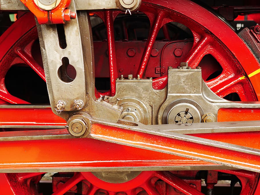 locomotora de vapor, kuppelrad, rueda de radios, biela, bielas, control, stock, engrase, tecnología antigua, ferrocarril