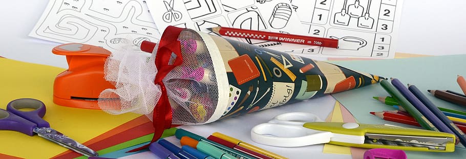 assorted-color coloring pencils, table, top, schultüte, zuckertüte, back to school, training, school, first class, school launch