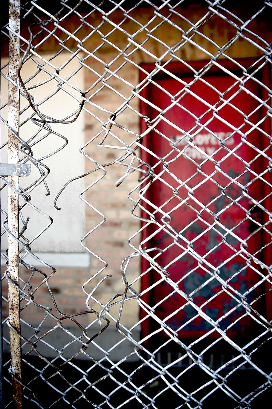 fotografía macro, cerca, pollo, alambre, puerta, rojo, letrero, cuadrícula, acero, metal