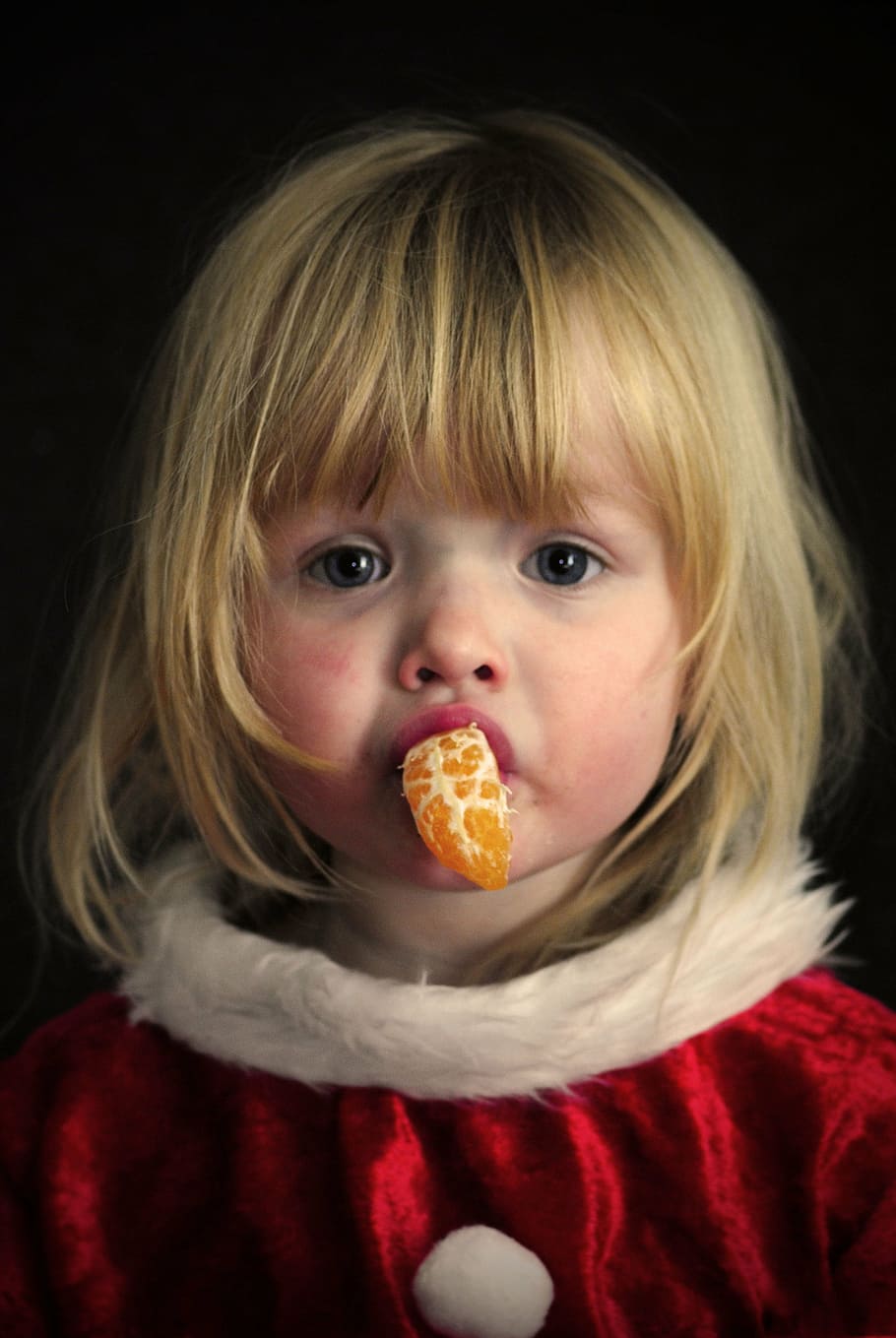 girl, biting, orange, fruit, wearing, santa costume, portrait, christmas, children, child