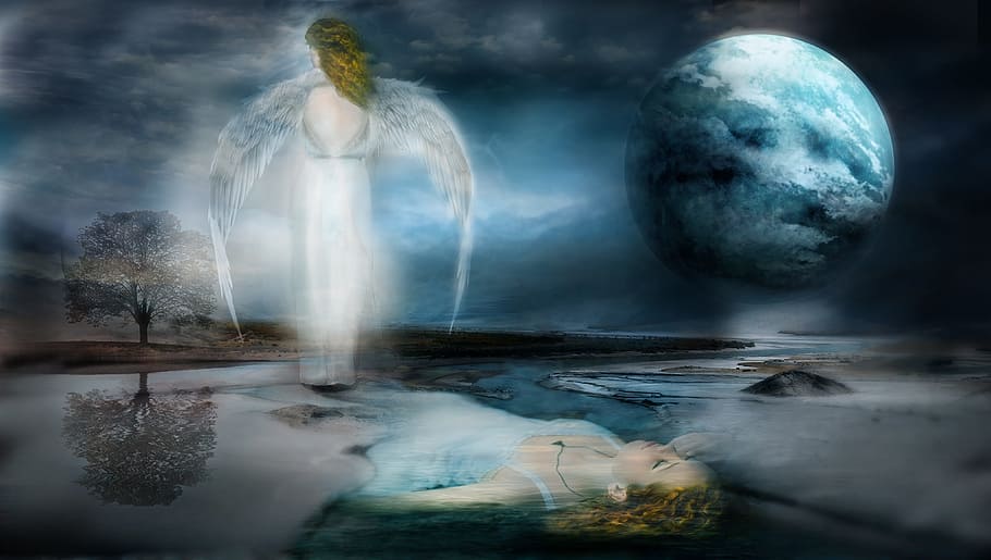 water, nature, woman, drown, angel, wings, moon, sky, cold, emotion