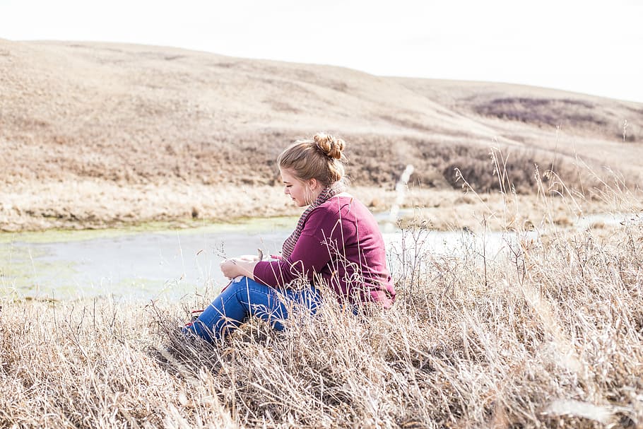 woman, sitting, brown, grass, day, time, highland, mountain, nature, landscape