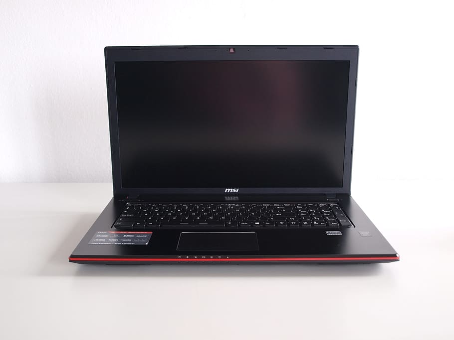 black, red, msi laptop turned-off screen, portable, mock up, technology, computer, office, pc, work