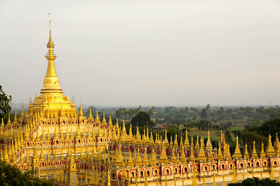 gold temple, daytime, temple, gold, asia, buddhism, southeast, burma, buddha, myanmar