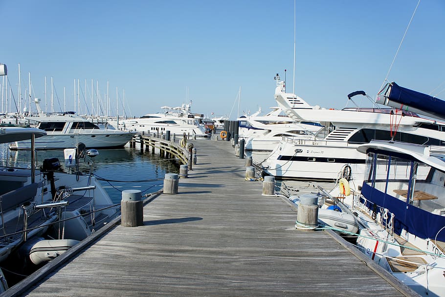 gray, dock, yachts, blue, sky, daytime, boats, marina, warnemünde, sea